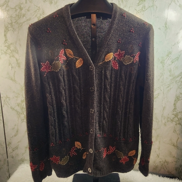 Holiday Lodge Fall Leaves Embroidered Button Cardigan - Picture 1 of 12
